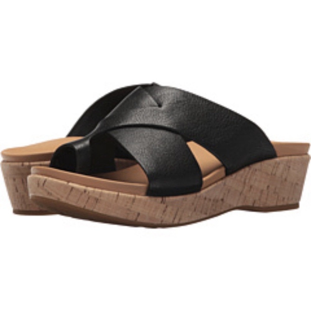 Kork Ease 7 M Sandals Baja Black Leather Cork Platform Wedge Slide Toe Loop